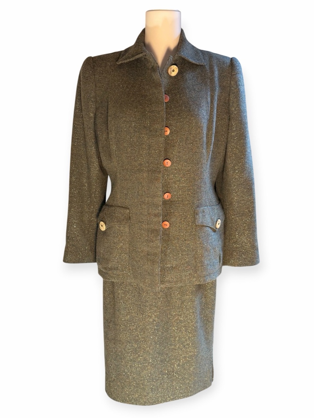 Vintage Oscar de la Renta Pink Label Tweed Skirt Suit Olive Gold Sparkle Wood